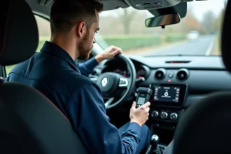 Technicien automobile consultant le tableau de bord d'une Renault Clio 4 avec un outil de diagnostic OBD pour vérifier le code d'authentification