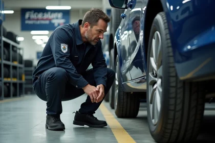 Technicien automobile inspectant un pneu dans un centre Centrale Pneus pour réaliser des économies