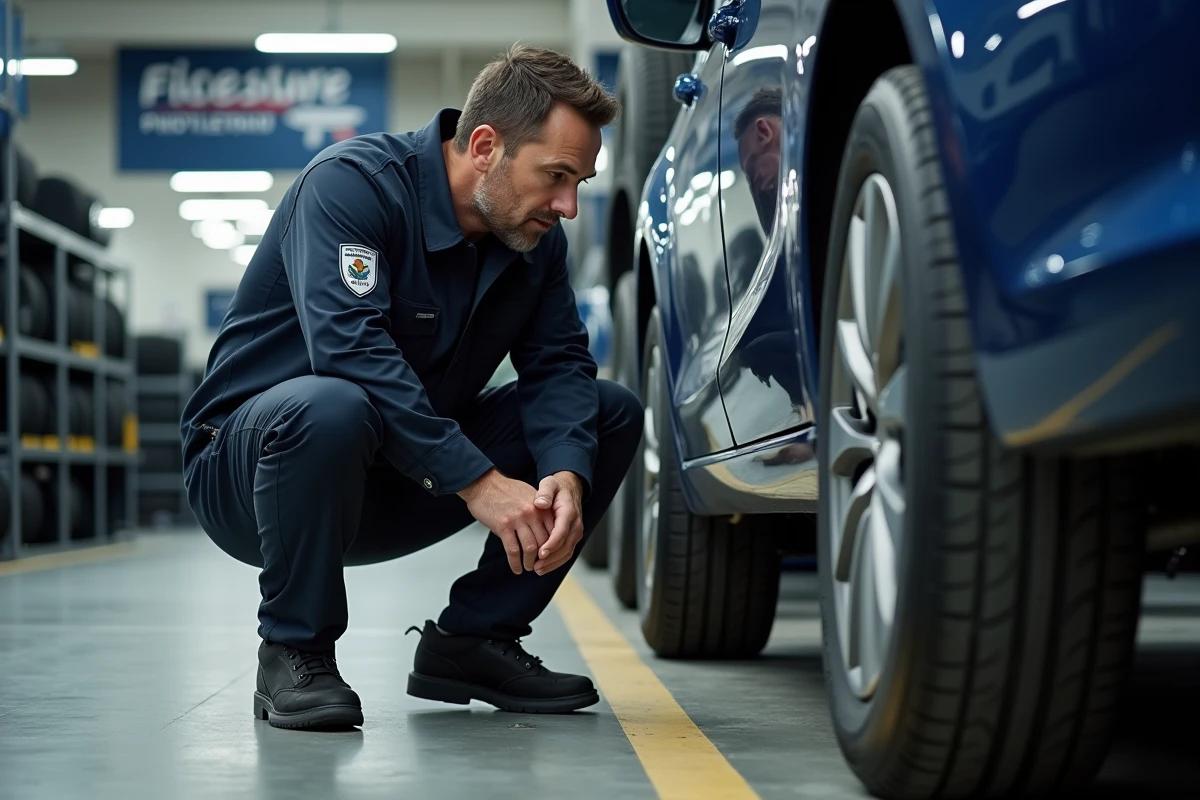 Technicien automobile inspectant un pneu dans un centre Centrale Pneus pour réaliser des économies