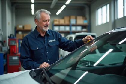 Technicien auto en shirt navy montrant un outil de réparation de pare-brise