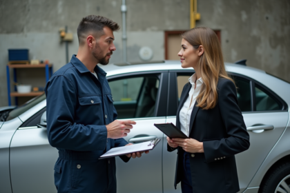 Technicien automobile en tenue discutant avec une femme près d'une voiture endommagée