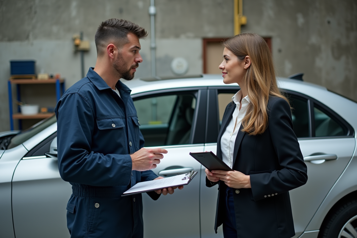 Technicien automobile en tenue discutant avec une femme près d'une voiture endommagée
