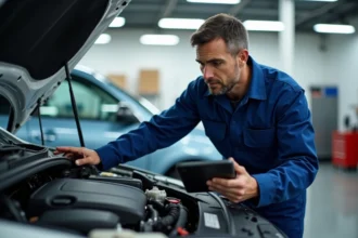Technicien automobile inspectant un moteur moderne dans un garage propre