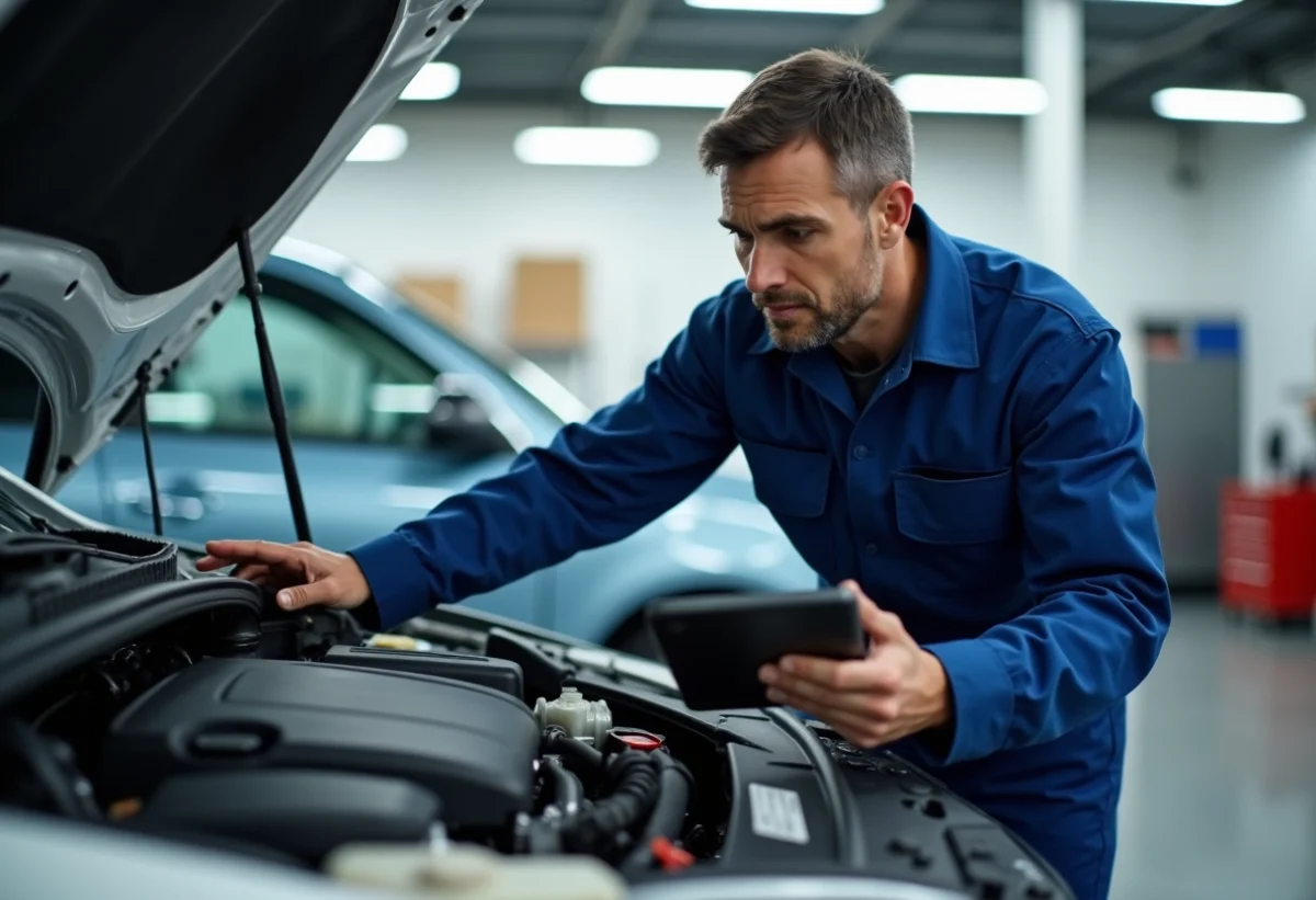 Technicien automobile inspectant un moteur moderne dans un garage propre