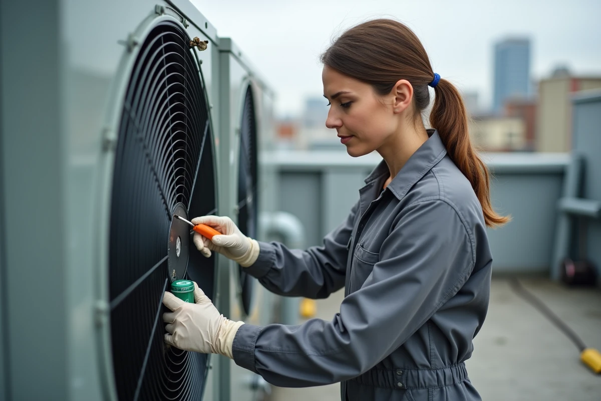 Technicienne HVAC remplaçant un condensateur de moteur défaillant sur une unité de climatisation extérieure en toiture