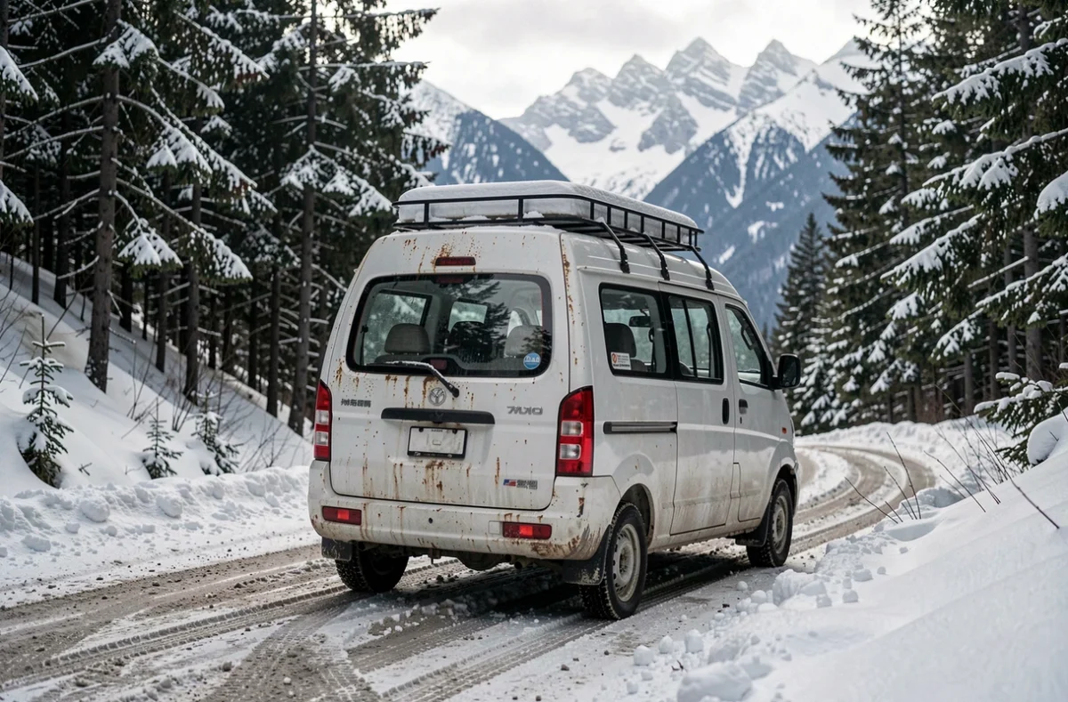 Van chinois aménagé garé sur une route alpine enneigée en hiver avec forêt de pins en arrière-plan