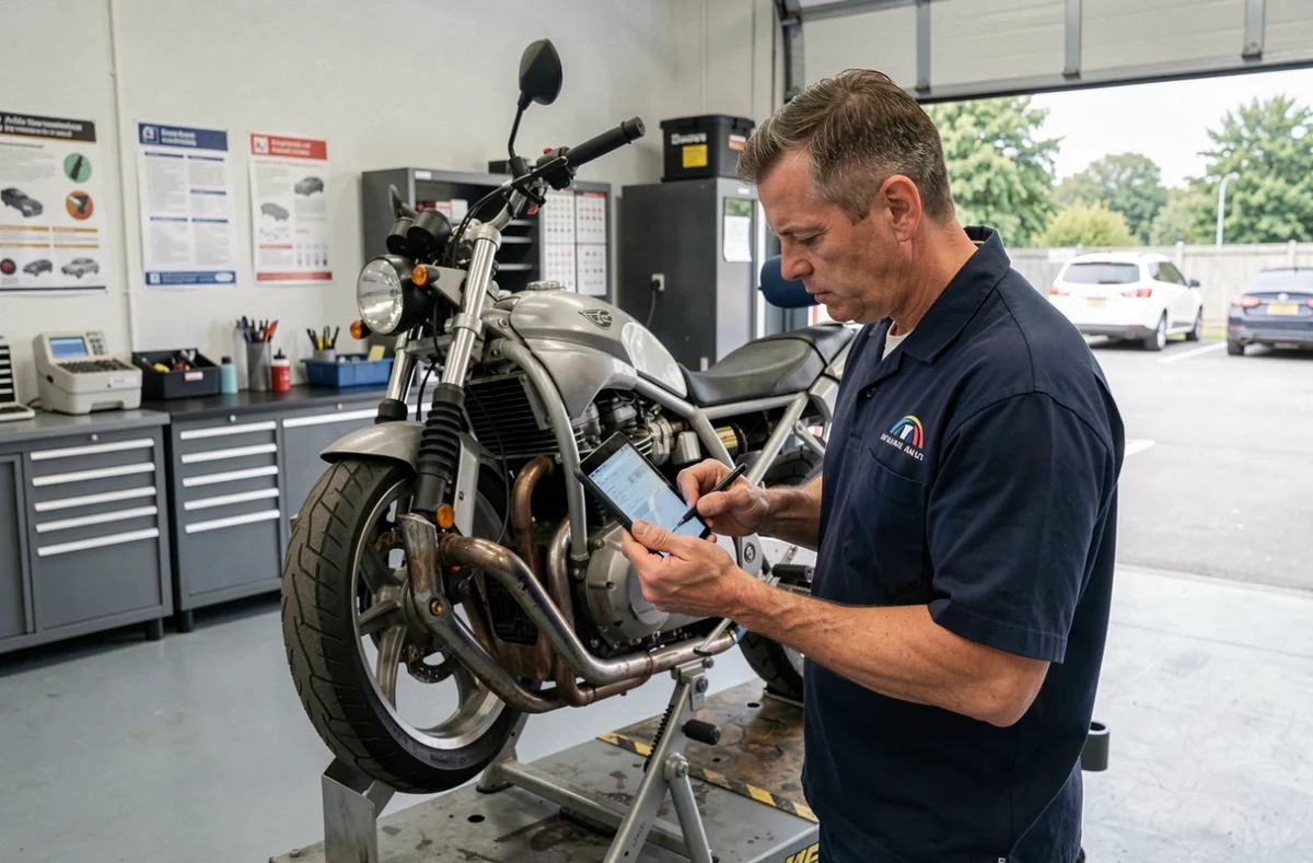 Technicien inspectant une moto sur un pont élévateur dans le centre Vérif'autos CTU contrôle technique Auto Moto