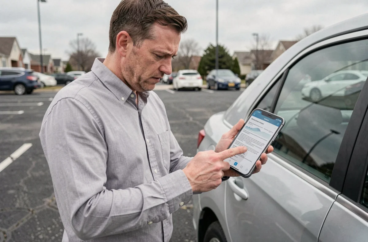 Homme vérifiant l'assurance d'une voiture sur son smartphone dans un parking