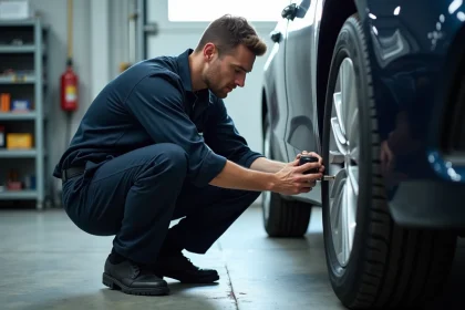 Technicien automobile vérifiant la pression d'un pneu avec un manomètre numérique dans un garage professionnel