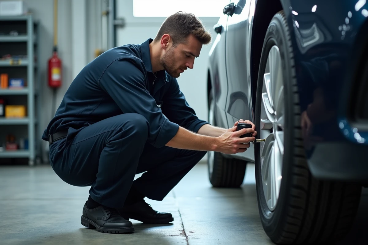 Technicien automobile vérifiant la pression d'un pneu avec un manomètre numérique dans un garage professionnel