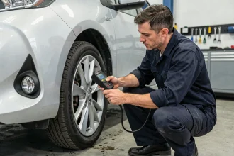 Technicien automobile vérifiant la pression des pneus d'une Toyota Yaris Hybride avec un manomètre numérique dans un garage