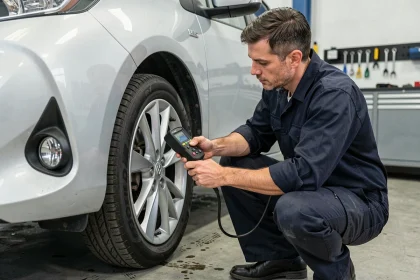 Technicien automobile vérifiant la pression des pneus d'une Toyota Yaris Hybride avec un manomètre numérique dans un garage