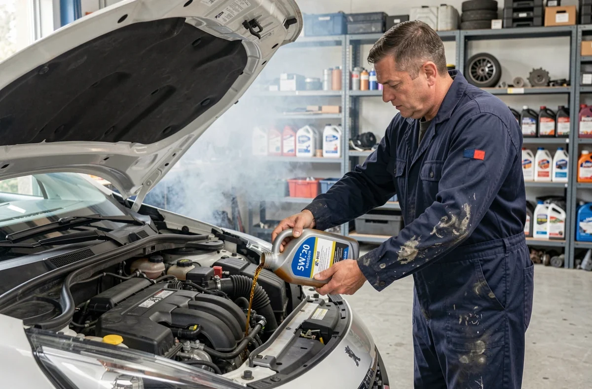 Technicien versant de l'huile moteur 5W-30 dans le moteur d'une Peugeot 208 essence dans un garage automobile