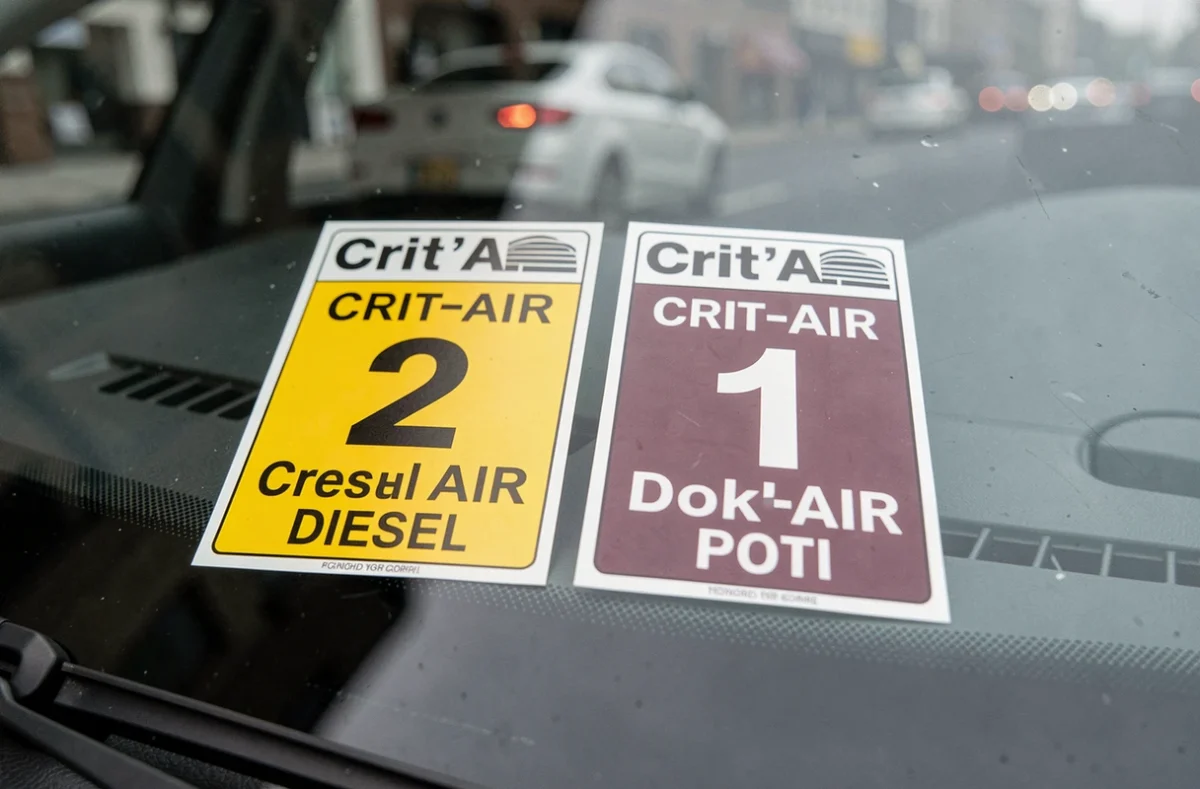 Gros plan sur les vignettes Crit'Air 1 essence et Crit'Air 2 diesel collées côte à côte sur un pare-brise de voiture