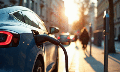 Voiture électrique en charge à une station urbaine ensoleillée