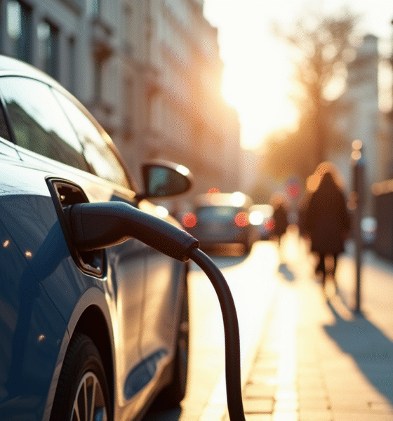 Voiture électrique en charge à une station urbaine ensoleillée