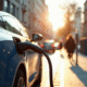 Voiture électrique en charge à une station urbaine ensoleillée