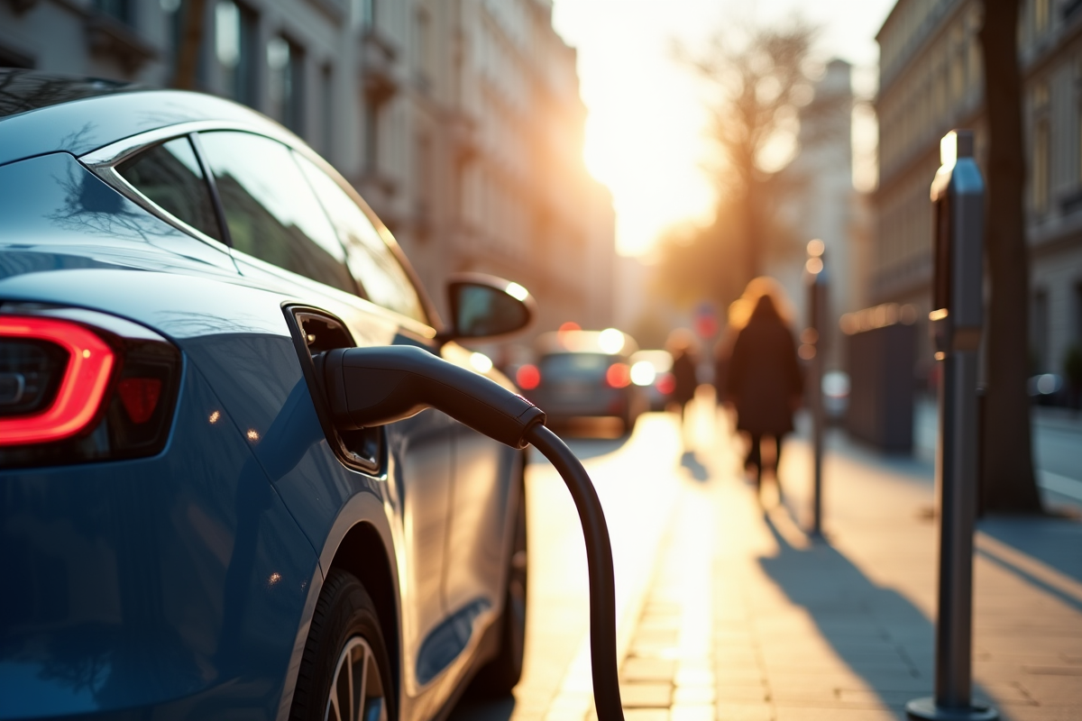 Voiture électrique en charge à une station urbaine ensoleillée
