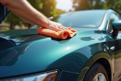 Personne nettoyant une voiture moderne en plein soleil
