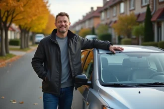 Homme debout à côté d'une berline compacte d'occasion à moins de 5000 euros dans une rue résidentielle en automne