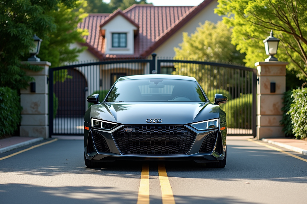 Voiture moderne garée devant une porte privée dans un quartier résidentiel