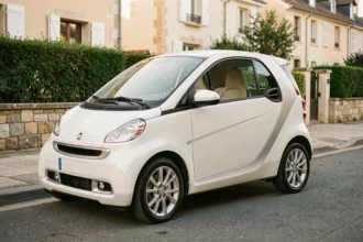 Voiture sans permis 4 places blanche garée dans une rue résidentielle française ensoleillée