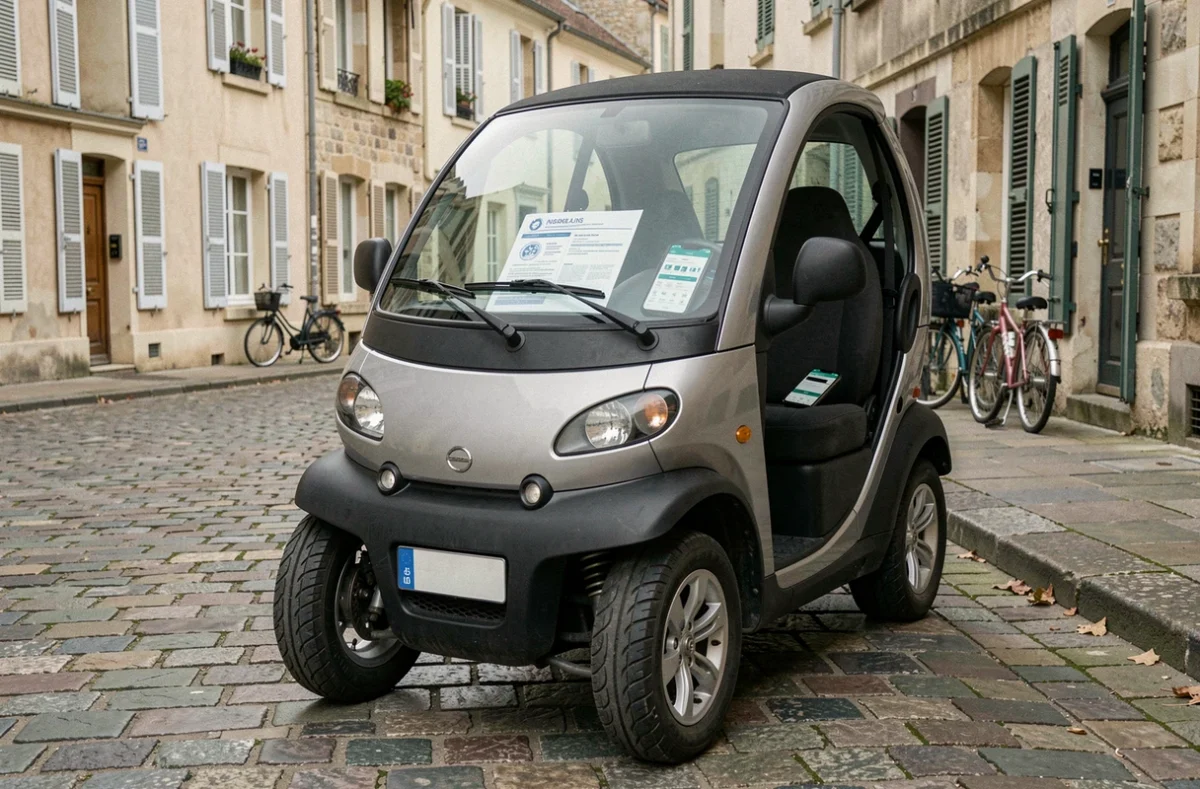 Voiture sans permis garée dans une rue française avec des documents d'assurance visibles sur le tableau de bord