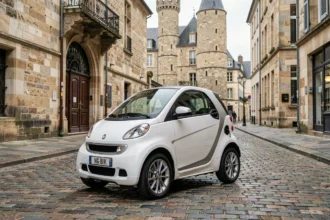 Voiture sans permis électrique garée dans une rue pavée du centre historique de Poitiers
