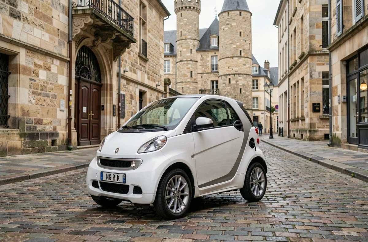 Voiture sans permis électrique garée dans une rue pavée du centre historique de Poitiers