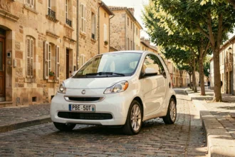 Petite voiture sans permis garée dans une rue d'Agen avec façades en pierre dorée