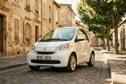 Petite voiture sans permis garée dans une rue d'Agen avec façades en pierre dorée