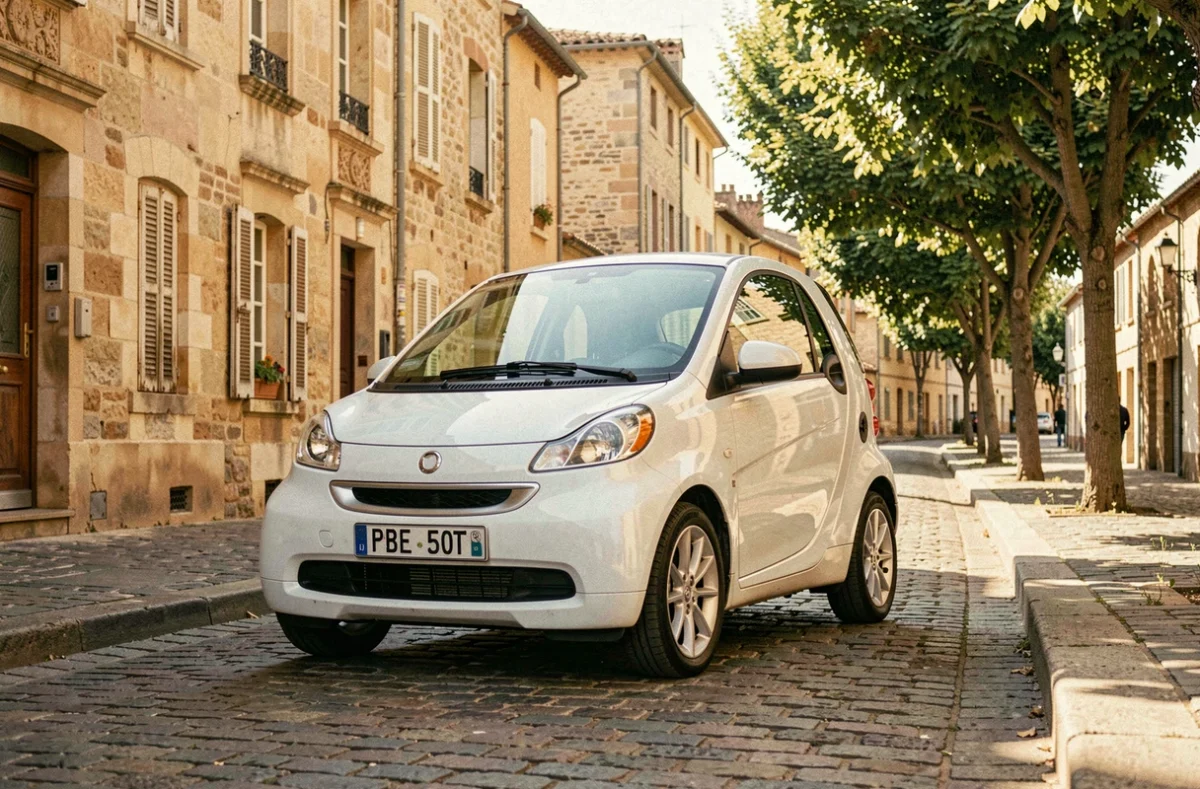 Petite voiture sans permis garée dans une rue d'Agen avec façades en pierre dorée