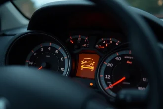 Voyant orange rond en forme de voiture allumé sur le tableau de bord d'une Peugeot