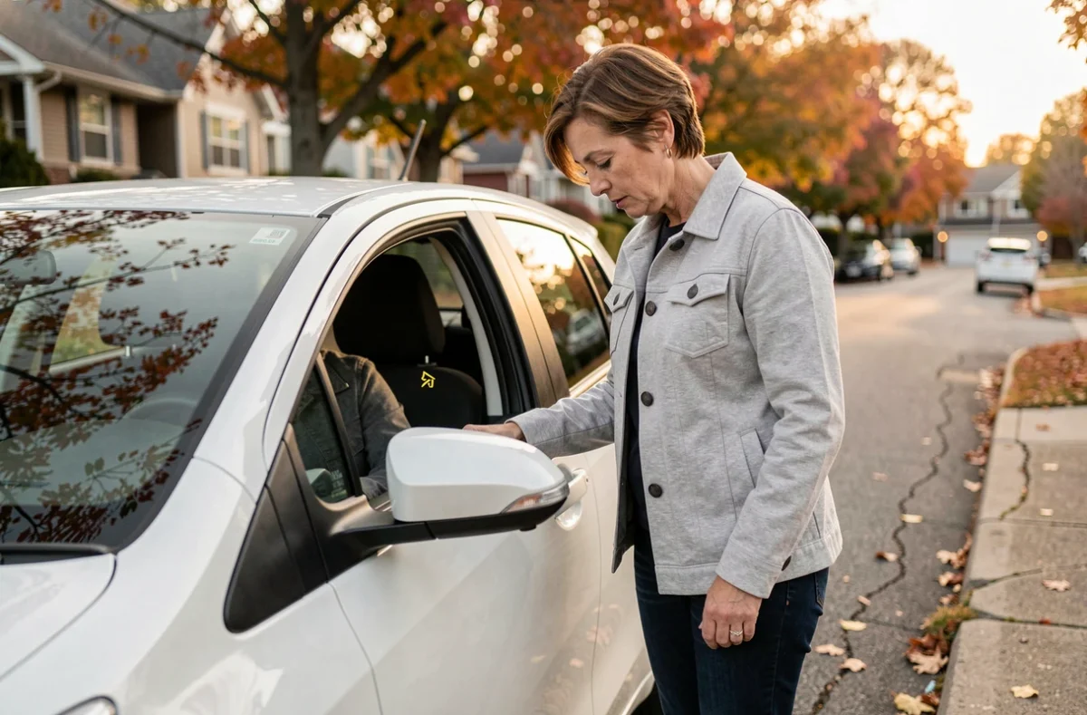 Femme observant le voyant de pression des pneus allumé sur le tableau de bord d'une Toyota Yaris Hybride garée dans une rue résidentielle
