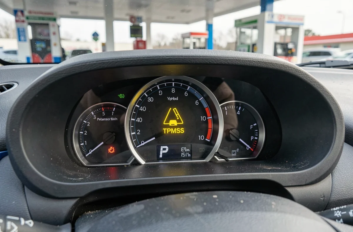 Gros plan sur le voyant d'alerte de pression des pneus TPMS allumé sur le tableau de bord d'une Toyota Yaris Hybride